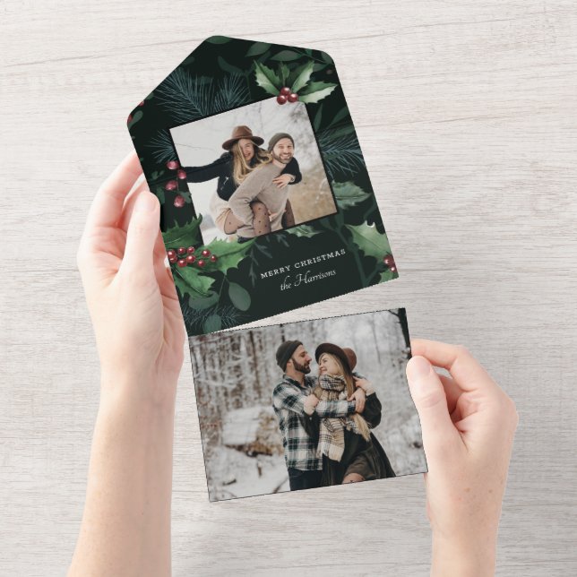 Invitation Tout En Un Élégant Holly Noël Vert foncé Photo botanique (Déchirure)