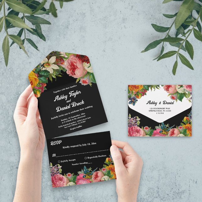 Invitation Tout En Un Elégant Jardin Botanique Boho Black Floral Mariage (Créateur téléchargé)