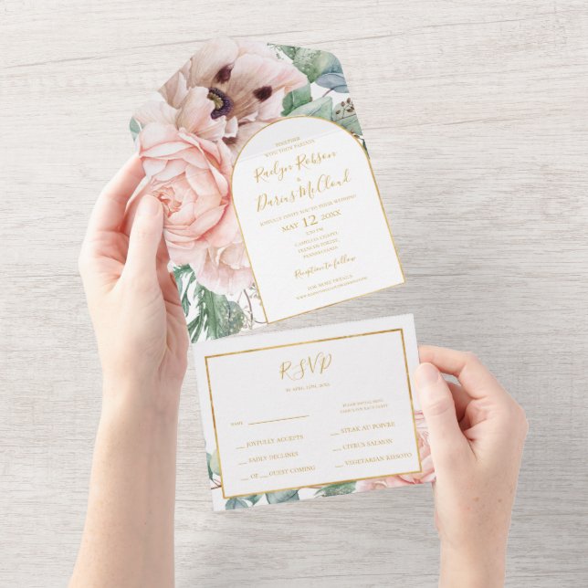 Invitation Tout En Un Elégant Jardin Floral Blush | Sceller Et Envoyer (Déchirure)
