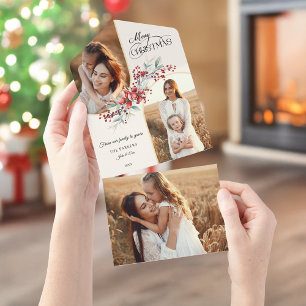 Invitation Tout En Un Élégant Joyeux Noël Floral Arc Or 2-Photo