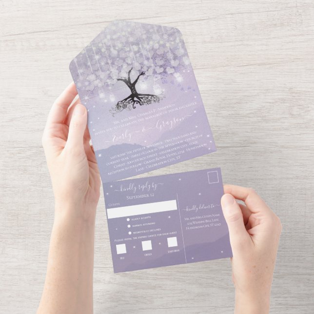 Invitation Tout En Un Élégant Lavande Purple Mariage de feuille de coeur (Déchirure)