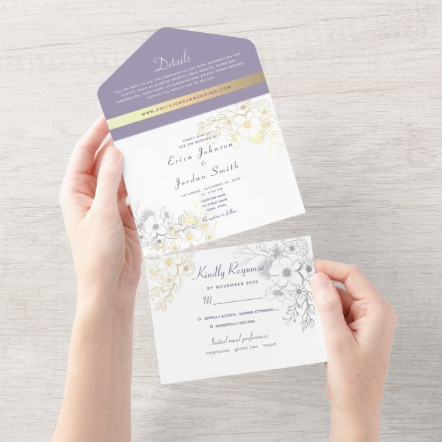 Invitation Tout En Un Élégant Lavender Floral Mariage (Déchirure)