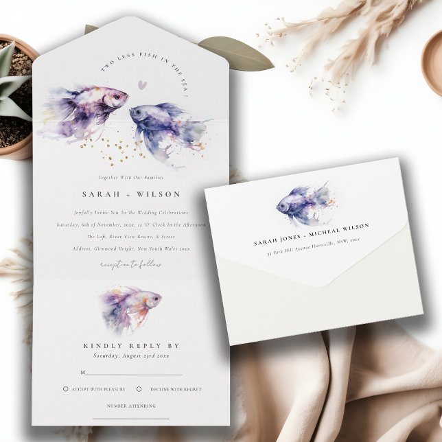 Invitation Tout En Un Elégant Lilac Aquarelle Mariage de poisson côtier (Créateur téléchargé)
