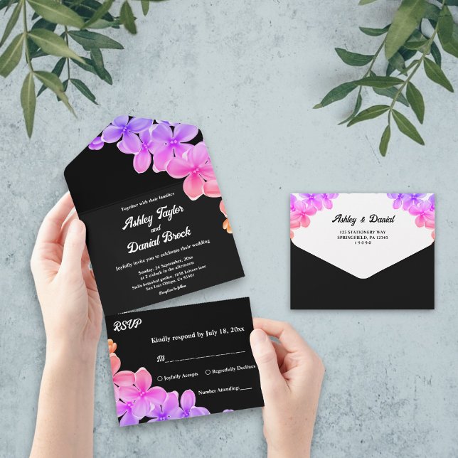 Invitation Tout En Un Élégant Lumière de néon Roses Boho Mariage Floral (Créateur téléchargé)