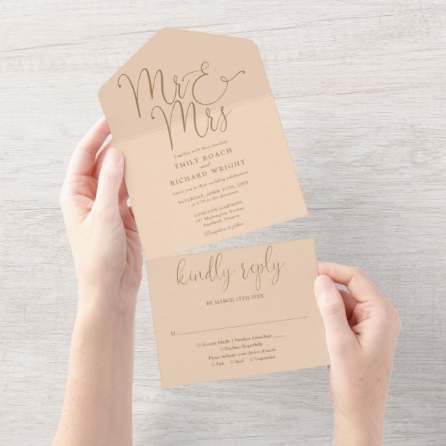 Invitation Tout En Un Élégant M. et Mme Script Mariage Douce Pêche (Déchirure)