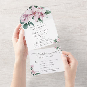 Invitation Tout En Un Élégant Magnolia Florals Mariage de script moderne