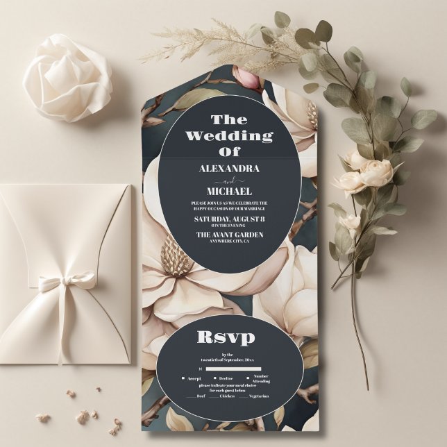 Invitation Tout En Un Elégant Magnolias rose et verdure (Créateur téléchargé)