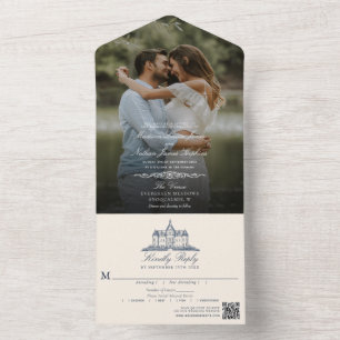Invitation Tout En Un Élégant Manoir du Vieux Château Photo Mariage Code