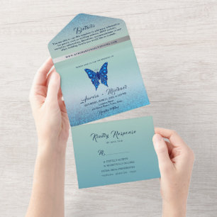 Invitation Tout En Un Élégant Mariage à papillon bleu argenté
