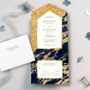 Invitation Tout En Un Élégant mariage au marbre bleu marine et doré pail