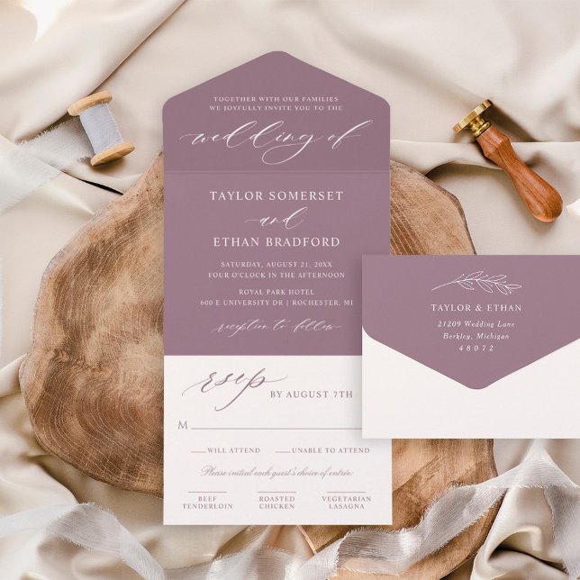 Invitation Tout En Un Élégant mariage avec calligraphie poussiéreuse vio (Créateur téléchargé)