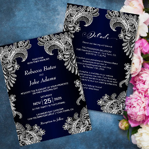 Invitation Tout en un élégant Mariage blanc dentelle bleue