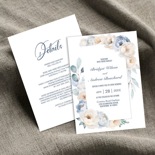 Invitation Tout en un élégant Mariage bleu blanc floral (Créateur téléchargé)