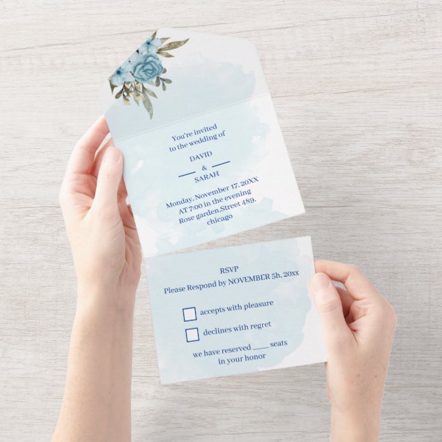 Invitation Tout En Un Élégant Mariage bleu fleur (Déchirure)