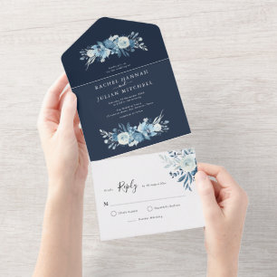 Invitation Tout En Un élégant mariage bleu marine floral