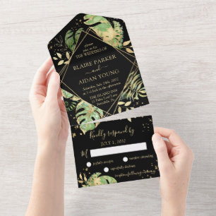 Invitation Tout En Un Élégant Mariage botanique Tropical Noir & Or