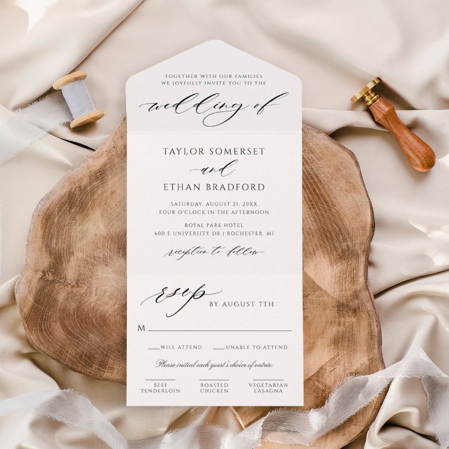 Invitation Tout En Un Élégant Mariage Calligraphié Blanc Script (Créateur téléchargé)