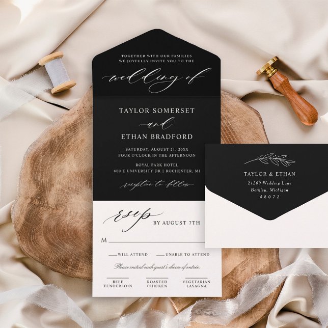 Invitation Tout En Un Élégant Mariage Calligraphié Noir Script (Créateur téléchargé)