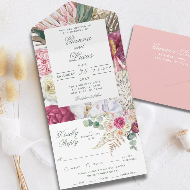 Invitation Tout En Un Elégant Mariage campagnard floral Boho aquarelle (Créateur téléchargé)