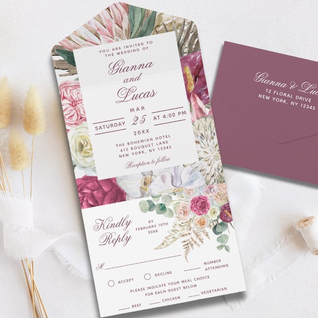 Invitation Tout En Un Elégant Mariage campagnard floral Boho aquarelle (Créateur téléchargé)