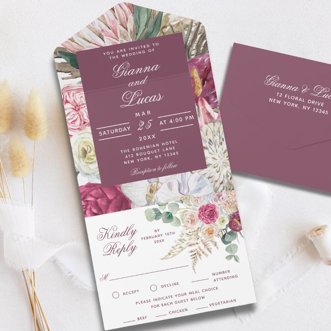 Invitation Tout En Un Elégant Mariage campagnard floral Boho aquarelle (Créateur téléchargé)