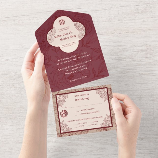 Invitation Tout En Un Élégant Mariage chinois de dentelle florale (Déchirure)