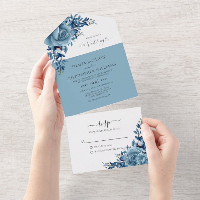 Invitation Tout En Un Elégant Mariage d'aquarelle bleu-bleu-bleu (Déchirure)