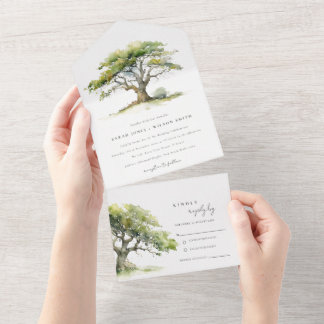 Invitation Tout En Un Élégant Mariage d'aquarelle verte en chêne
