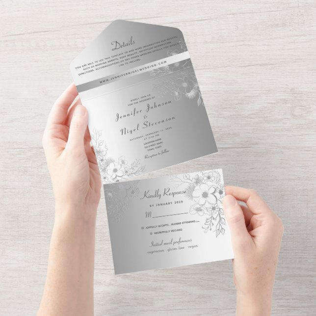 Invitation Tout En Un Élégant Mariage d'argent Faux