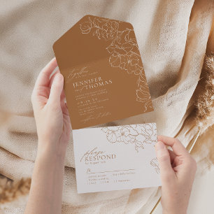 Invitation Tout En Un Élégant mariage de automne doré floral dessiné à l