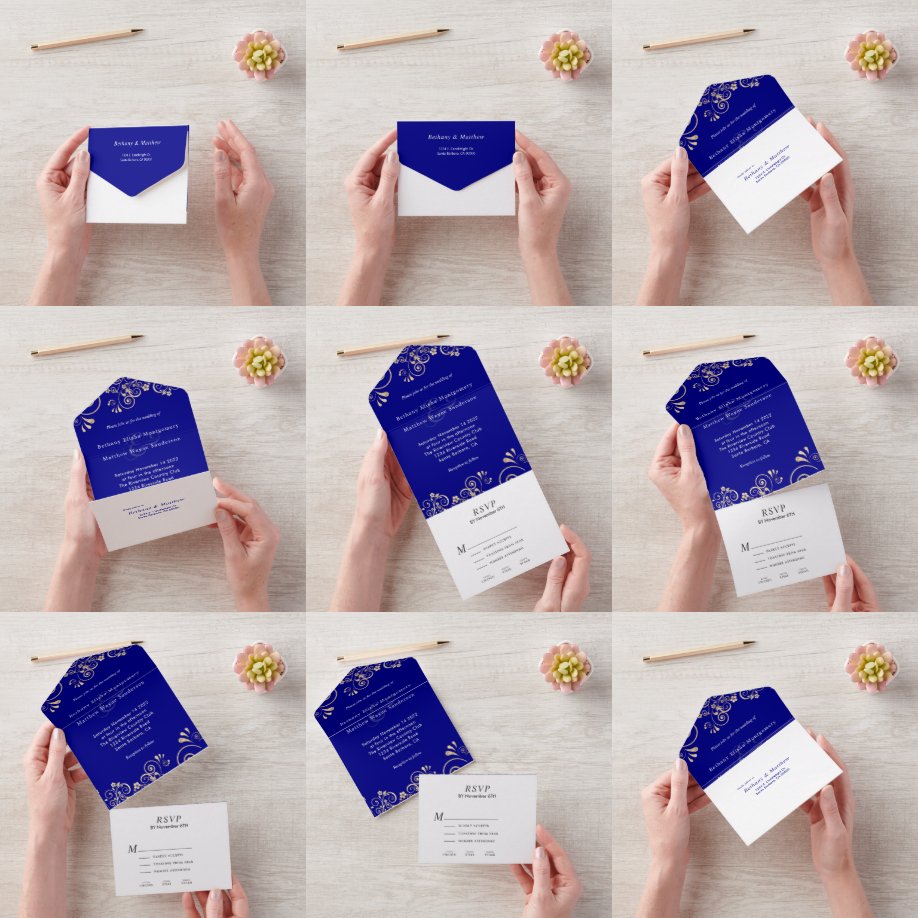 Invitation Tout En Un Élégant Mariage de Blue Gold de la Marine