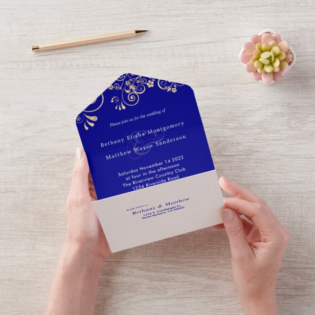 Invitation Tout En Un Élégant Mariage de Blue Gold de la Marine (Vidéo)