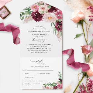 Invitation Tout En Un Élégant Mariage de Boho Floral Rose Burgundy