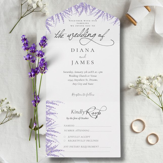 Invitation Tout En Un Élégant Mariage de calligraphie florale (Elegant Floral Lavender Calligraphy Wedding All In One Invitation)