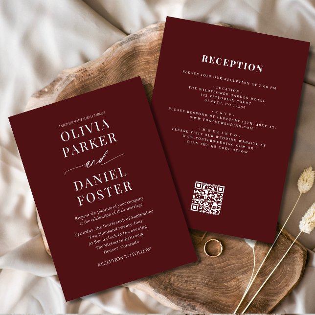 Invitation Tout en un élégant Mariage de code QR de Bourgogne (Créateur téléchargé)