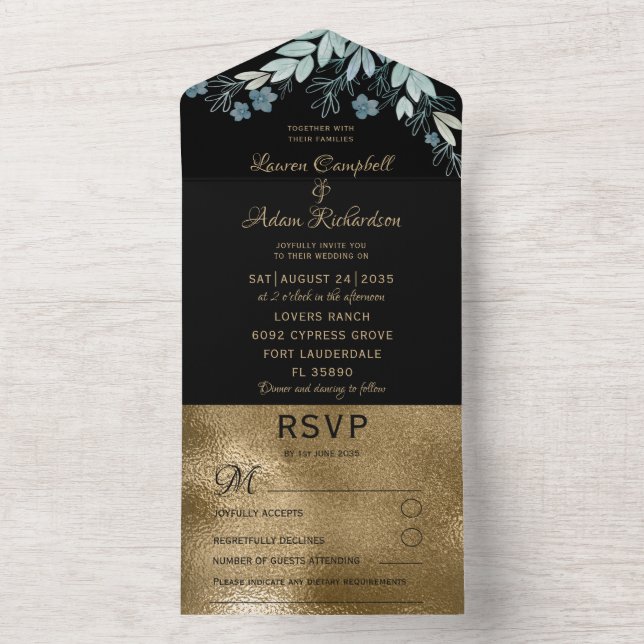 Invitation Tout En Un Élégant Mariage de feuillage d'or noir & faux (À l'intérieur)