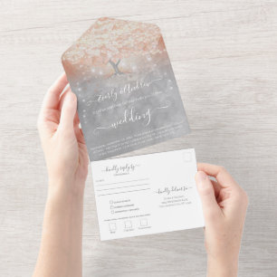Invitation Tout En Un Élégant Mariage de feuilles de coeur de corail ros