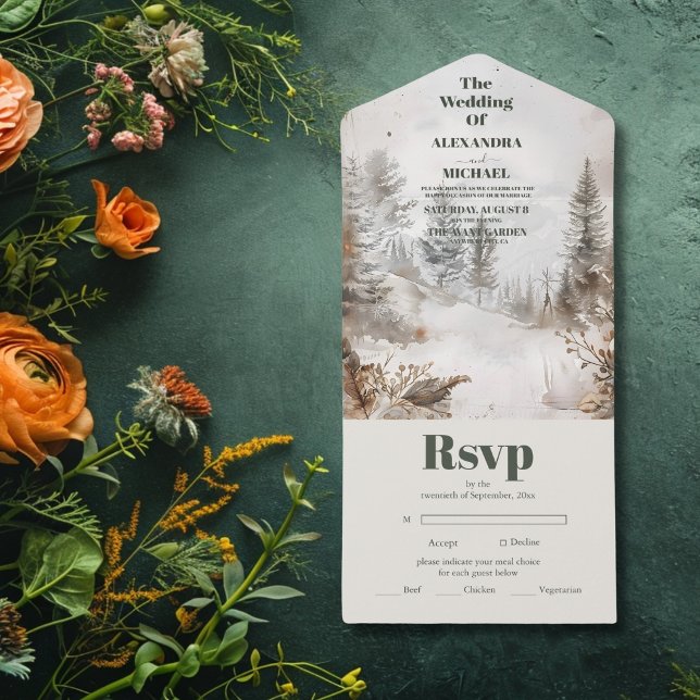 Invitation Tout En Un Élégant Mariage de la forêt de montagne d'hiver (Créateur téléchargé)