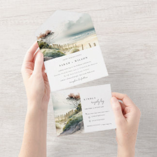 Invitation Tout En Un Elégant Mariage de la plage de sable de la côte de
