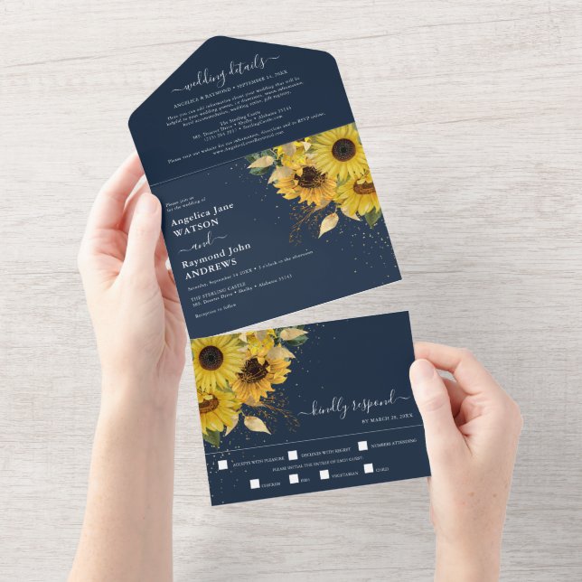 Invitation Tout En Un Élégant Mariage de la Sunflower Navy de minuit (Déchirure)
