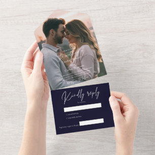 Invitation Tout En Un Elégant mariage de marine sombre moderne photo ave