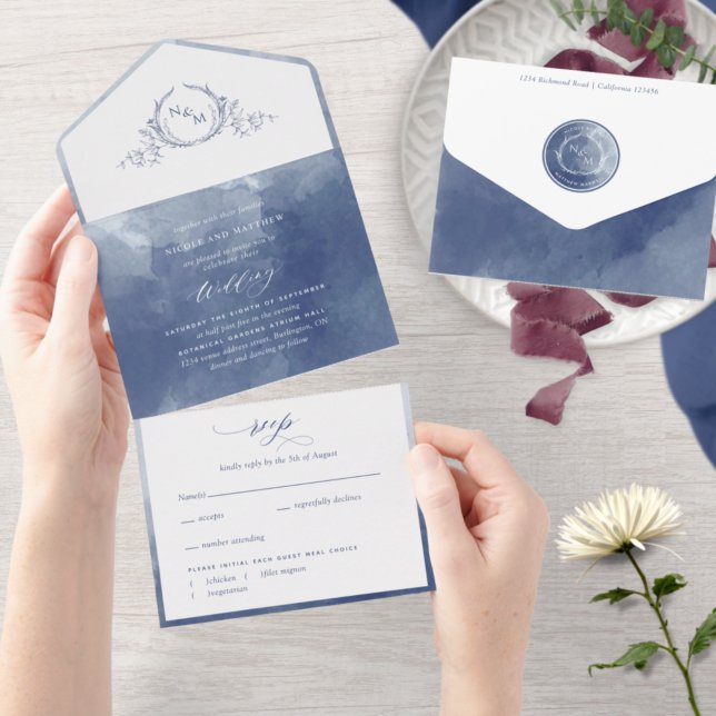Invitation Tout En Un Élégant Mariage de monogramme bleu marine (Créateur téléchargé)
