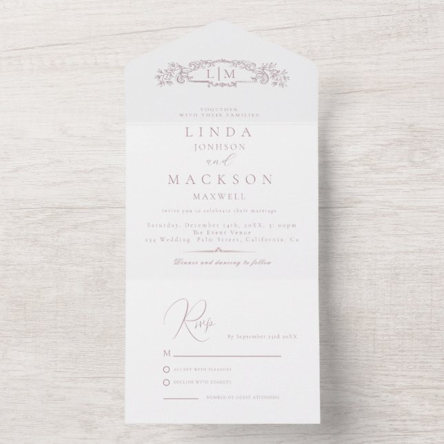 Invitation Tout En Un Élégant mariage de monogramme de crête botanique m (À l'intérieur)