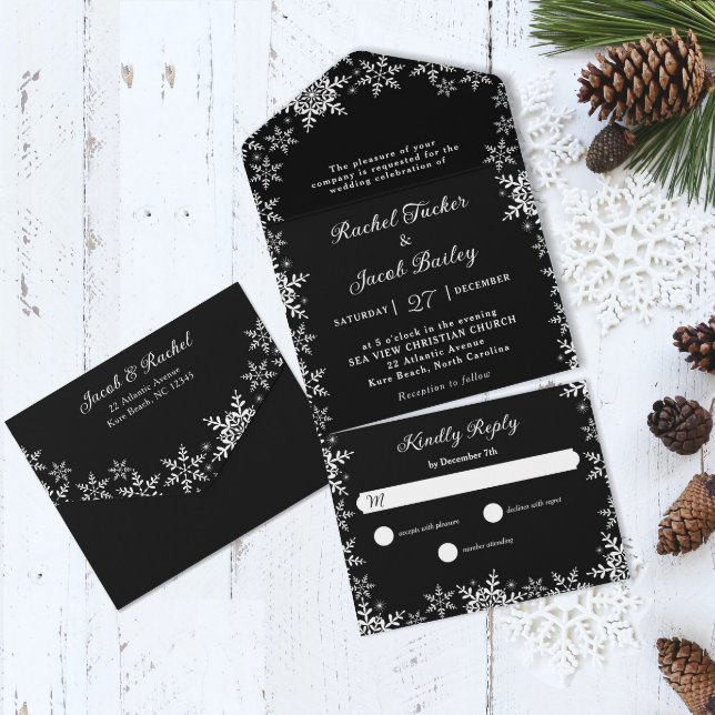 Invitation Tout En Un Élégant Mariage de Noël noir et blanc (Créateur téléchargé)