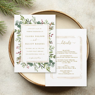 Invitation Tout en Un Élégant Mariage de Noël Or       