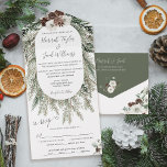 Invitation Tout En Un Elégant Mariage de pin d'hiver avec RSVP<br><div class="desc">Ce mariage d'hiver de pin tout en une invitation est parfait pour des vacances élégantes ou mariage d'hiver. Le design présente de belles fleurs blanches d'aquarelle avec des cônes de pin, et la végétation forestière dans le vert sauge blanc et marron. Il s'agit d'une palette de couleurs parfaite pour un...</div>