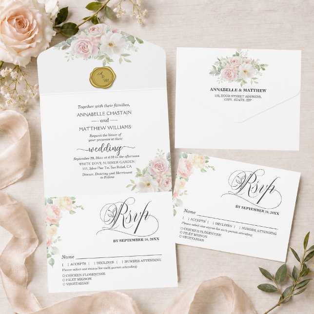 Invitation Tout En Un Élégant mariage de roses blush soft  (Créateur téléchargé)