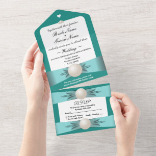 Invitation Tout En Un Élégant Mariage de ruban de perle Turquoise & RSVP