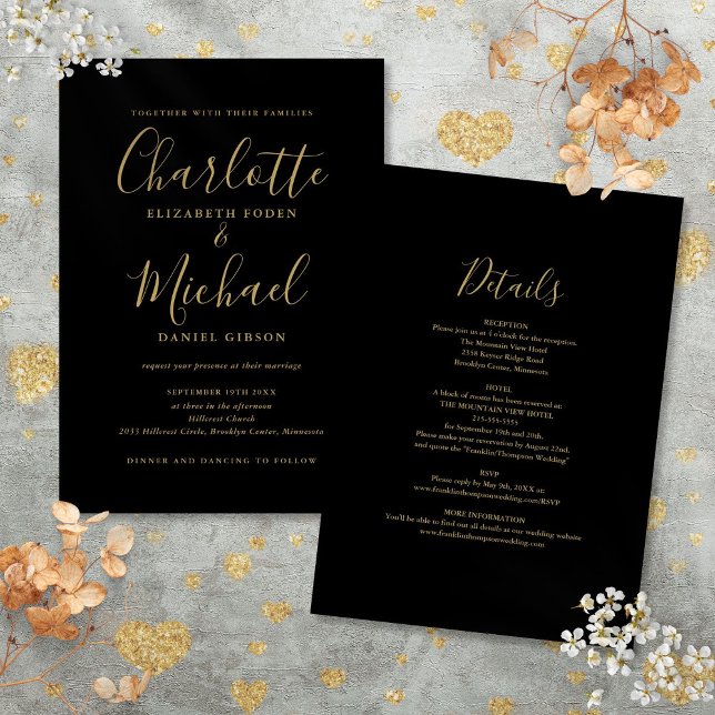 Invitation Tout En Un Élégant Mariage De Script Noir Et Or (All In One Elegant Black And Gold Script Wedding Invitation)