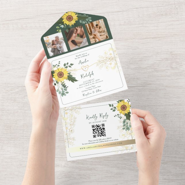 Invitation Tout En Un Élégant Mariage de tournesols botaniques verts (Déchirure)
